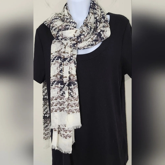 Ivory Black Brown Tweed Print Scarf Sheer Contemporary Dark Academia Raw Edge - Picture 2 of 6